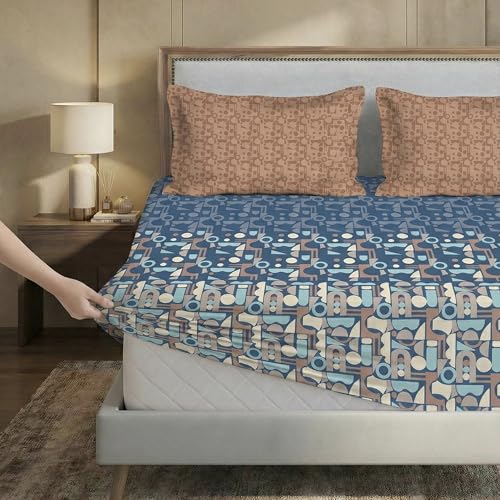 Image of MYTRIDENT Soft Comfort Bedsheet for Double Bed King Size | 182 cm x 198 cm + 30 cm | 200 TC, Sateen Weave, 100% Cotton, Elastic fittedsheet with 2 Pillow Covers and Breathable - Deco Dusk