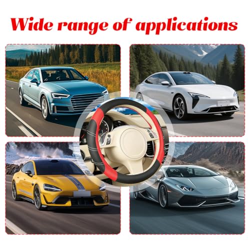 ANFTDCO 4PCS Car Accessories Set, 14.5-15 Inch Sporty Vehicle Steering Wheel Cover with Anti-Slip Lining, Automotive Interior Center Console Pad Seatbelt Cover, Universal for SUV Sedan Truck (Red)