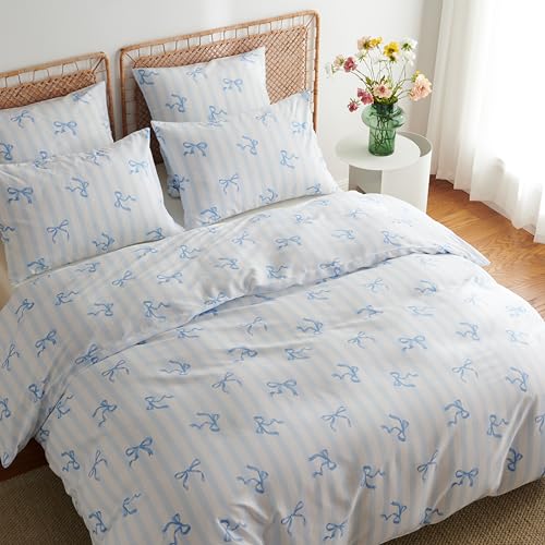 Image of Bow Duvet Cover King Size Blue Striped Bowknot Bedding Set Kids Girls Cute Bows Vertical Stripes Soft Breathable Microfiber Comforter Cover Set with Zipper Closure and 2 Pillowcases