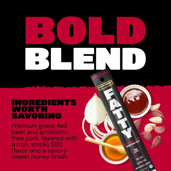 Miniatura 6 de FATTY - Paquete variado de palitos de carne ahumada de carne de res alimentada con pasto, sabor original y sabor a barbacoa de miel, 2 onzas