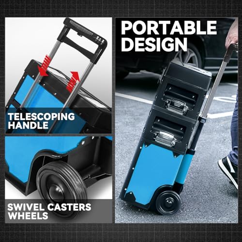 Image of Auto Dynasty 3-Tier Stackable Tool Box, 19.5 Inch 3-in-1 Rolling Tool Box with Wheels, Portable Steel and Plastic Rolling Upright Trolley Toolbox Organizer for Garage Workshop, 3-Piece Set, Blue