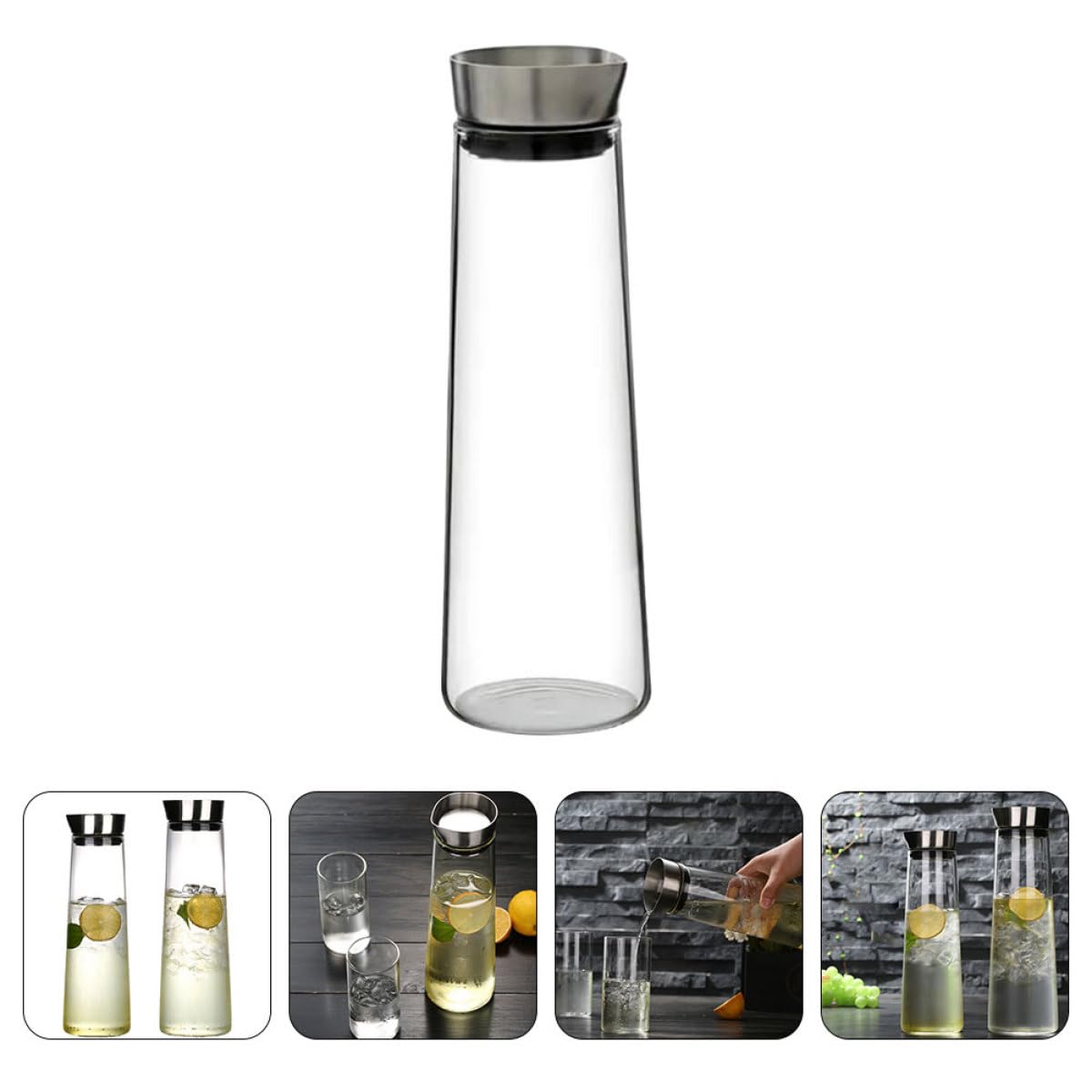 Jarra de Agua Fría de Vidrio de Borosilicato 1L Tapa de Acero Inoxidable Diseño Antidesbordamiento Recipiente Transparente para Bebidas en Casa y Oficina