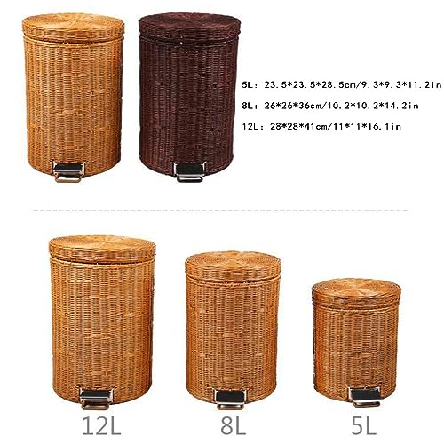 Silent Pedal Wicker Trash Can with Lid, Round Rattan Wastebasket with Removable Liner, Ideal for Bathroom, Kitchen, Living Room - Stylish & Functional Garbage Bin