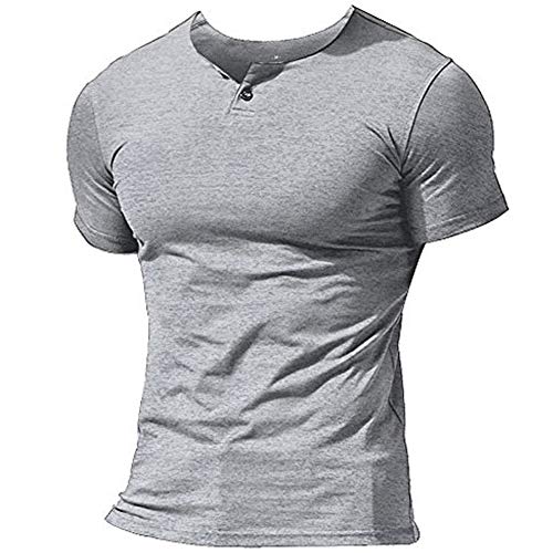 Muscle Alive Mens Summer Casual Short Sleeve Henleys T-Shirt Single Button Placket Plain v Neck Shirts Gray Color Size M