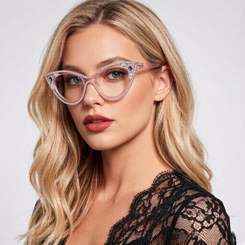 Image of ICARA Sparkling Crystal Retro Cat Eye Frame Bling Rhinestone Reading Glasses for Women Blue Light Blocking Computer Eyeglass