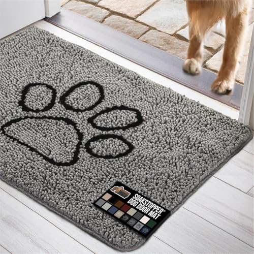 GORILLA GRIP SOAKSTOPPER Dog Door Mat, 30x20 Machine Washable Rug Absorbent Doormat Captures Moisture Mud Dirt, Quick Dry Soft Chenille Entryway Rugs Indoor Entrance Mats for Dog Paws, Paw Gray