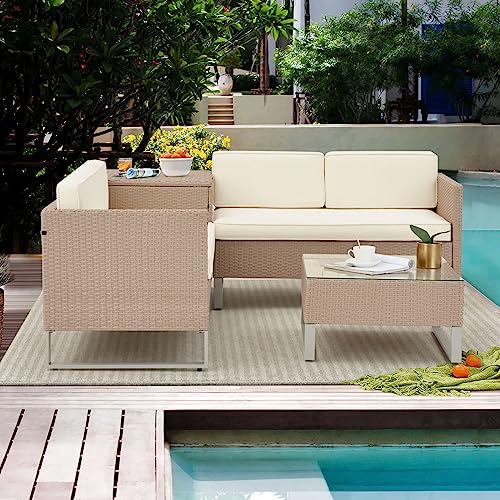 Image of DEVOKO 4 Piece Patio Furniture Set All-Weather Outdoor HDPE Rattan Sectional Sofa with Table & Cushions for Patio, Deck, Garden, Poolside, Yard (Beige and Cream)