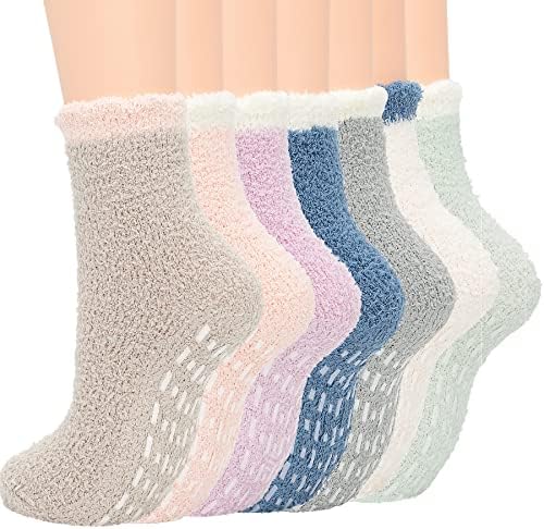 Zando Fuzzy Socks for Women Non Slip Slipper Socks Home Indoor Grip Socks Warm Cozy Socks Super Soft Fleece Socks Winter Comfy Socks Sleeping Athletic Socks 7 Pairs Lovely Patchwork One Size