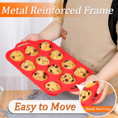 Image of CAKETIME Silicone Muffin Pan, Metal Reinforced Frame Silicone Cupcake Pan Regular Size 12 Cups Nonstick Muffin Tins for Baking Easy to Move 2 Pack Red