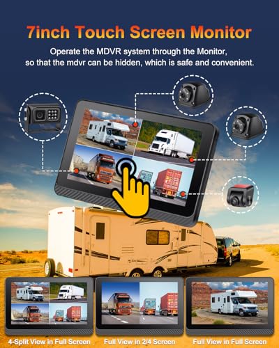 Image of 4CH Mobile DVR Monitor Camera System with GPS Tracking Video Recorder 7 inch Quad Split Touch Screen Monitor and 4 1080P Rear Side View Backup Camera Waterproof Night Vision for RV Truck Trailer Tractor