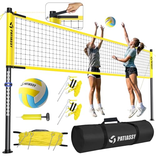Patiassy Outdoor Volleyball Net System Portable and Easy Setup Adjustable Height Poles with Volleyball, Pump, Hammer, Boundary Line, and Carry Bag for Backyard, Beach, Lawn （Yellow）