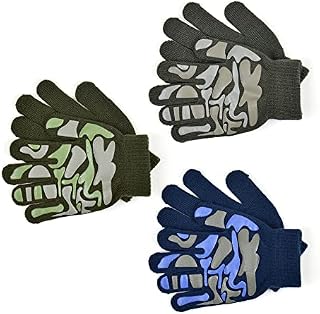 3 Pairs Boys Girls Kids Thermal Magic Stretch Grip Winter Gloves Grip with Animal, Camo or Football Grippers