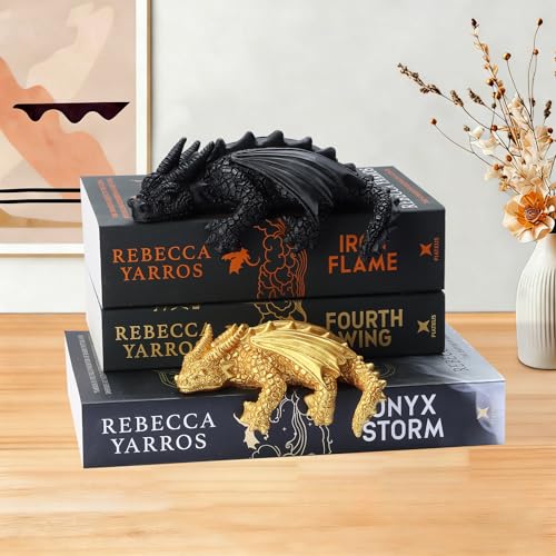 Wnsamoddy Dragon Bookshelf Decor Set, Solid Resin Fantasy Bookends, Black and Gold Dragon Statues for Shelves, Dark Academia Book Nook Accessories, Unique Gift for BookTok Readers & Romantasy Fans