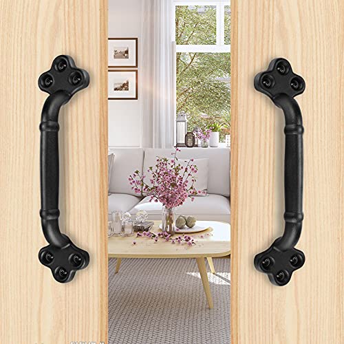 Image of 2-Pack 9 Inch Clover Barn Door Handle - Black Cast Iron Pull for Sliding Doors, Gates, Sheds, Fences, Closets - Indoor Outdoor Farmhouse Hardware