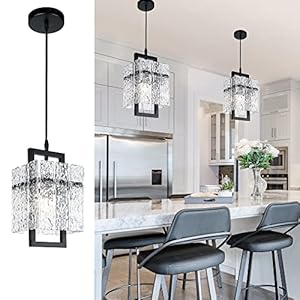 IKK Black Crystal Pendant Light for Kitchen Island, Luxury Water Ripple Glass Chandelier Lights Fixture, Modern Elegant Adjustable Pendant Lighting for Dining Room Bedroom, E12 Bulb, L6.5” x H11.8”