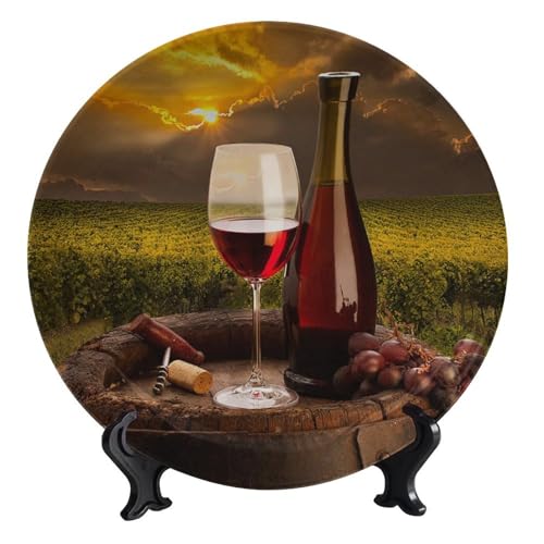 CLAMSUE Wine Bottle Theme Decorative Ceramic Plate, Old Barrels and Vineyards Round Decorative Plate, with Vertical Stand, for Kitchen Dining Room Wine Cabinet Home Art Decor, 8inch