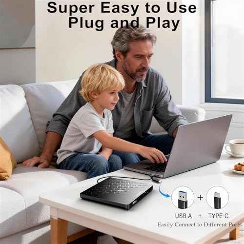 Image of External CD DVD Drive, 0.5″ Ultra Slim USB 3.0 Type-C DVD Player, CD DVD+ /-RW Optical Drive, Portable DVD CD Burner Reader Writer Recorder for Laptop, Desktop, Mac, Windows 11 /10 /8 /7, Linux, Black