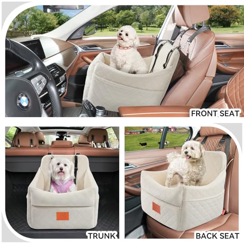 GL GLENSLAVE Hunde-Autositz für kleine/mittlere Hunde, Hundeautositz mit Dicker Polsterung unter 15,9 kg, Abnehmbarer, waschbarer Autositz für Haustiere (weiß)