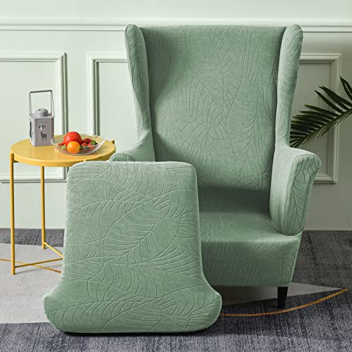 Fuloon Wingback Chair Slipcover 2 Piece Solid Wingback Chair Cover Stretch Spandex Armchair Covers For Living Room Wingback Chair, Leaf Jacquard Green #TOP1