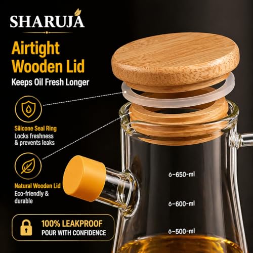 Image of Glass Oil Dispenser Bottle, Anti-Drip Spout, Leakproof Borosilicate Glass Oil Container with Measurement Markings for Kitchen, Olive Oil, Vinegar & Cooking (920, Milliliters)