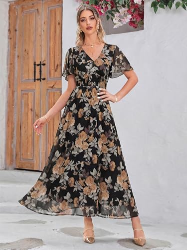 Image of Simplee Women's Boho Floral Maxi Dress Flowy Casual V Neck Short Sleeve Wedding Guest Holiday Beach Long Dress