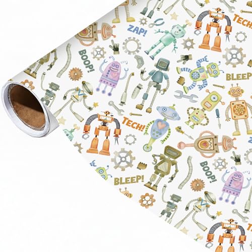 Pineraap Robot Wrapping Paper Roll - 17Inch x 16.4Feet - Watercolor Style Robot & Parts Themed Gift Wrap for Birthdays,Baby Showers