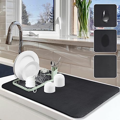 Image of Dish Drying Mat for Kitchen Counter, 16 inchx24 inch Dish Drying Pad with Non-slip Rubber Backed, Hide Stain Anti Absorbent for Kitchen Counter, Drying Mat for Coffee Machine Dish Rack (Black)