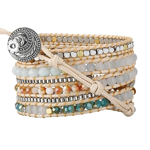 Boho 5 Wrap Bead Bracelet for Men Women - Handmade Adjustable Natural Chakras Stone Crystal Beaded Bracelets Cuff Rope Yoga Healing Bracelet Bangle Hippie Jewelry