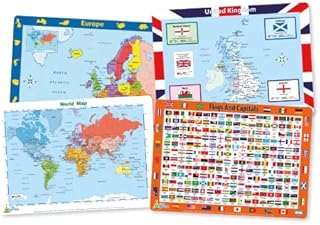 Little Wigwam Geography Placemat Pack - Set of 4 Educational Placemats - Europe, Flags And Capitals, United Kingdom, World Map