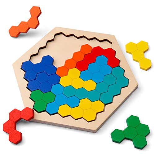 Coogam Wooden Hexagon Puzzle for Kid Adults - Shape Pattern Block Tangram Brain Teaser Toy Geometry Logic IQ Game STEM Montessori Educational Gift for All Ages Challenge