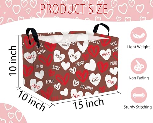 Image of Large Valentine's Day Basket Heart Shaped Storage Bin for Gifts Collapsible Organizer Room Decor (Brown Bottom White Red Love)