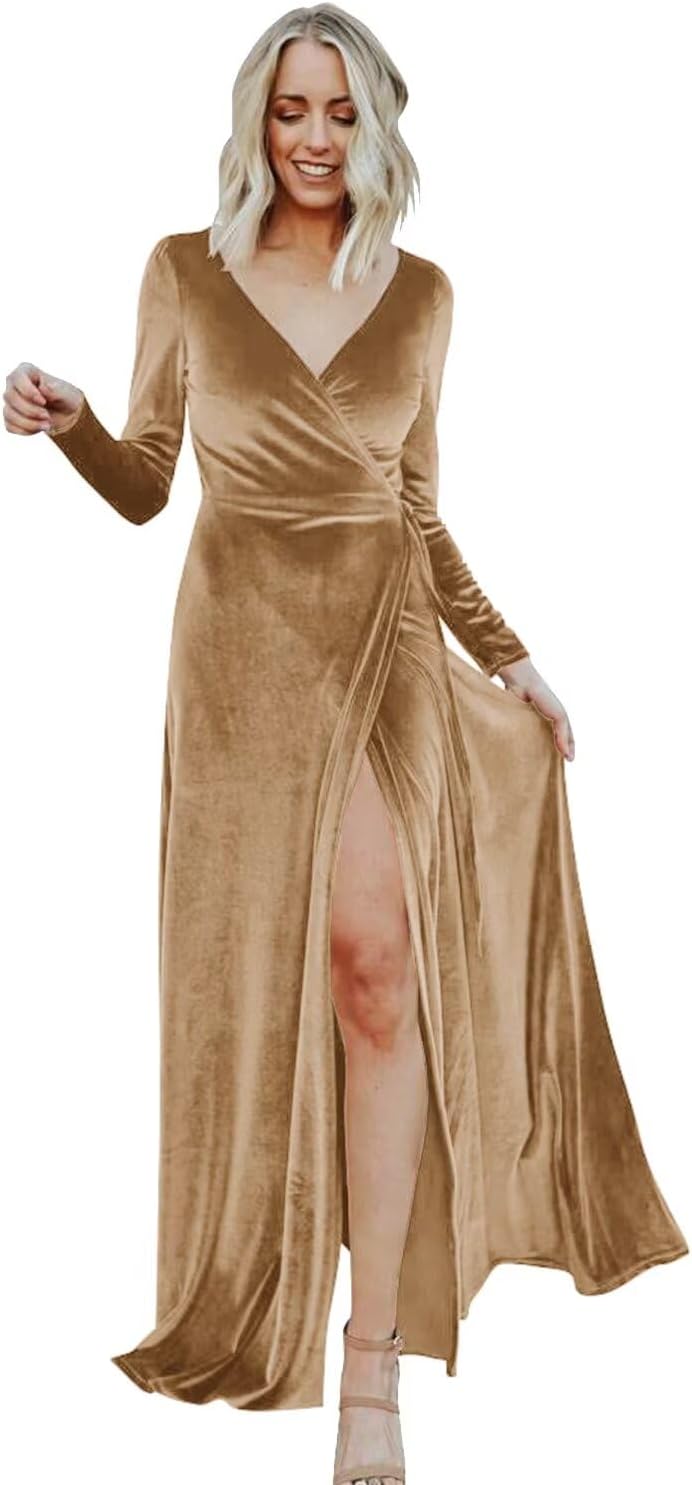 Women's V Neck Winter Velvet Bridesmaid Dresses with Slit Long Sleeves Formal Evening Gowns