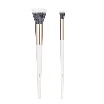 MSQ 2PCS Duo Fiber Stipping Brushes, Flat Top Double Stipple Makeup Brush Blusher Brush, Great for Blending, Highlight, Blush, Contour, Cream, Foundation,Smooth & Natural, White
