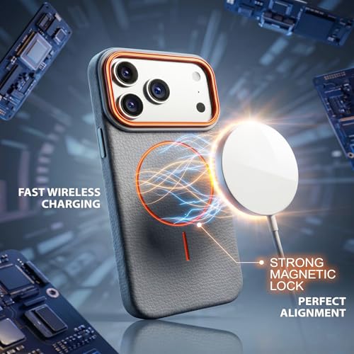 Image of amazon basics Luxury MagSafe Compatible Leather Texture Back Cover for iPhone 17 Pro | Raised Camera Protection | Slim Fit Shockproof Case with Metallic Accents (Gray)