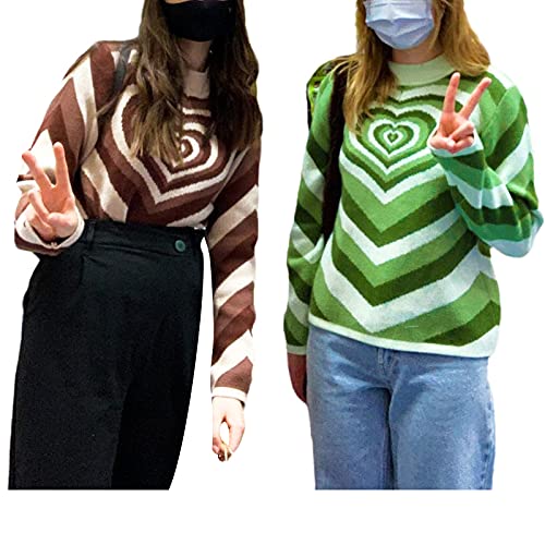 Women Y2K Knitted Sweaters Casual Crewneck Long Sleeve Heart Wave Graphic Color Block Fall Sweatshirt Knitwear Tops (M, Green-A) #TOP4