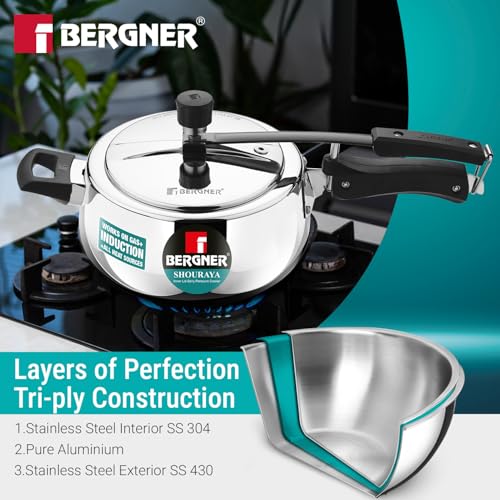 Image of Bergner Shouraya Triply Stainless Steel 3.5 Litres Inner Lid Pressure Cooker, Belly Shape, Faster and Even Heat Distribution, Healthy Cooking, ISI-Certified - Induction and Gas Stove Ready