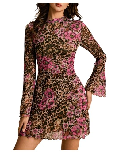Image of BEAUDRM Women's Y2k Leopard Print Sheer Mesh Mini Dress Bell Long Sleeve Short Dresses