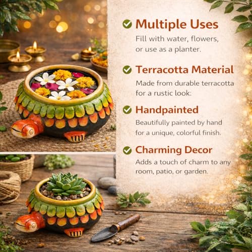 Image of Hand-Painted Terracotta Bowl - 7 inch Decorative Urli Centerpiece with Turtle Design, Perfect for Home & Garden, Ideal for Floating Candles & Flowers