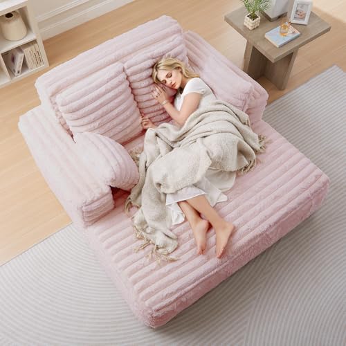 Image of JEEOHEY 56 inch Oversized Chaise Lounge Chair Indoor,Plush Faux Fur Sleeper Sofa Couch Bed with Pillows&Wide Armrests,Fluffy Comfy Cloud Couch,Compression Foam Couch for Living Room,Bedroom(Pink)