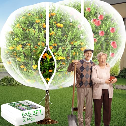 Large Fruit Trees Netting Cicadas - 2Pcs 6X5.3 FT with Zipper and Drawstring Bird Mesh Covers for Blueberry Bushes Garden Apple Pear Peach Orange Tree Fruit Tomato Bug Plant Protection (2 6X5.3 FT)