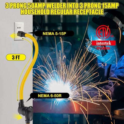 Image of Tellegloww 3ft NEMA 5-15P to 6-50R 15Amp to 50Amp Welder Extension Cord 5-15P Male to 6-50R Female 15Amp 3 Prong to 3 Prong Welder Power Adapter, STW 10 AWG /3C, ETL Listed
