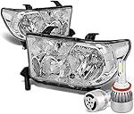 Compatible with Tundra/Sequoia Pair of OE Style Chrome Housing Clear Corner Headlight + H8 LED Conversion Kit W/Fan