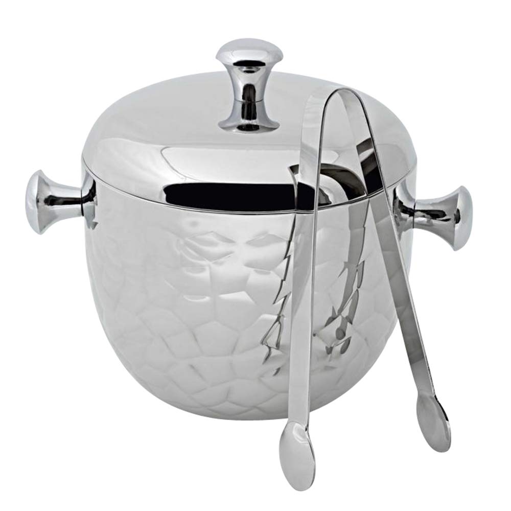 EDZARD Eiseimer Rico (H 18 cm, Ø 16 cm, 1,5 L), Edelstahl hochglanzpoliert, doppelwandig, gehämmert, mit Deckel und Eiszange – Eiswürfelbehälter, Eiskübel, Eiskühler, Barzubehör