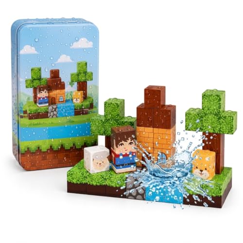 Image of Magnetic Building Blocks for Kids Blocks (38 Pcs Green Steel Storage Tin) | STEM Magnetic Tiles Pixelated Cube | Creative Learning Block Set for Boys Ages 3+ | Birthday Gift