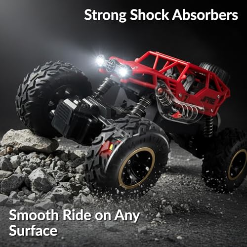 Image of Lilplay Monster Truck | Rechargeable Remote Control Car for Kids | Rock Crawler 5 Function 1:18 RC Car with Smoke | Offroad High Speed Rock Climbing Toys for Boys (Red)
