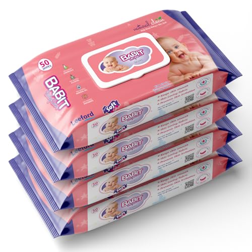 Image of Babit Baby Wipes (50 Wipes each pack) Pack of 4 | Gentle Cleansing for Newborn & Kids | Hydrates, Soothes & Prevents Rashes | Soft Wet Wipes for Baby & Adults