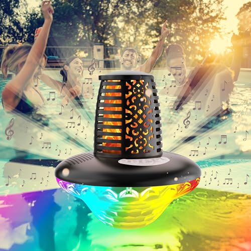 Waterproof portable Bluetooth speaker with colorful LED lights, surrounded by people enjoying a pool party, illustrating top waterproof electronic gadgets for outdoor activities.