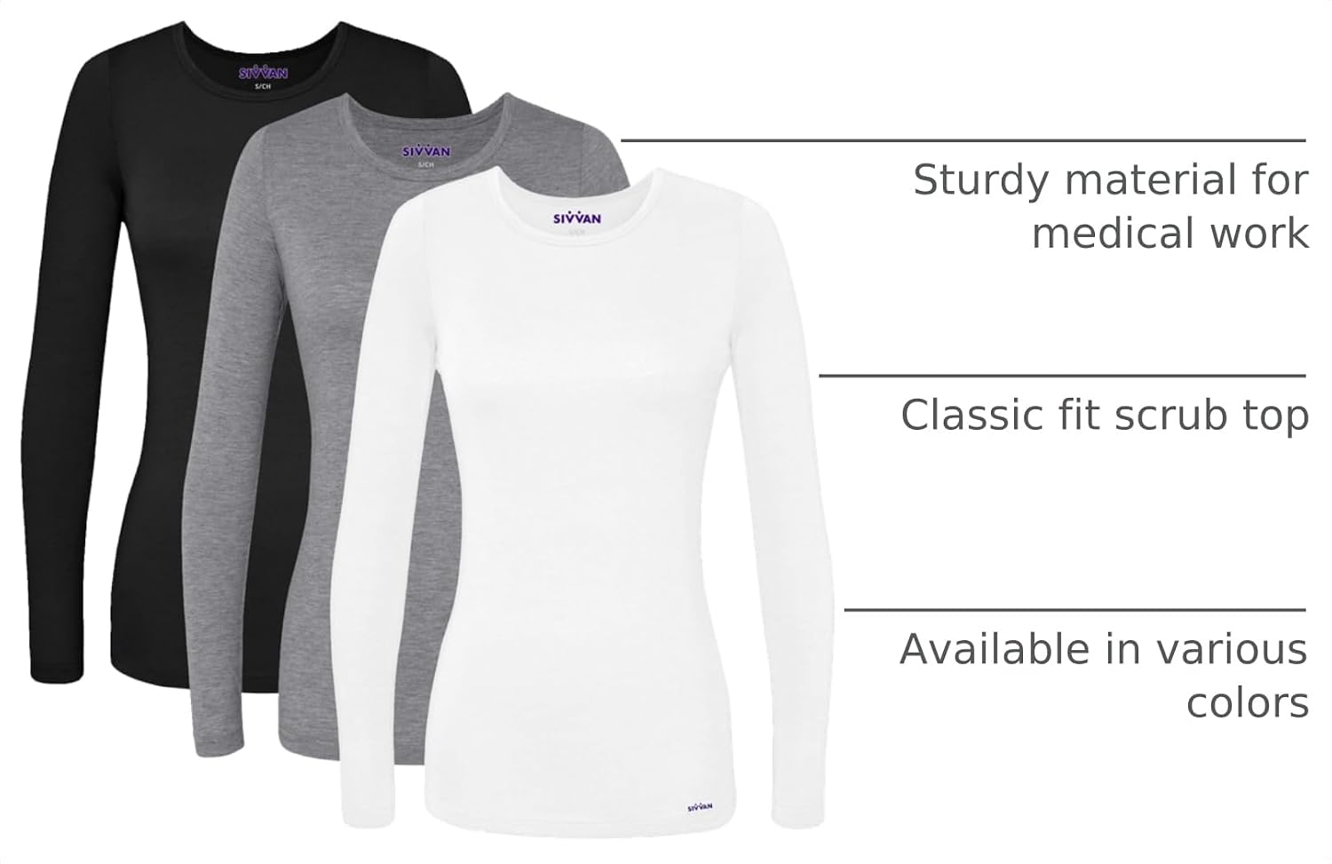 Sivvan 3-Pack Women's Long-Sleeve Comfort Underscrub Tee, Scrubs Undershirts