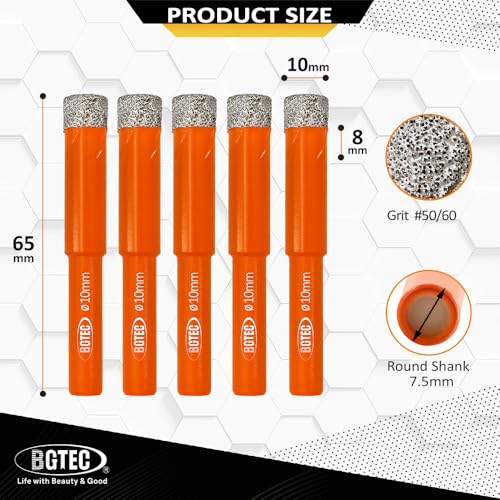 Dry Diamond Drill Bit Set,BGTEC 5pcs 10mm Hole Saw for Granite,Marble,Masonry, Concrete, Tile/Ceramic, Glass, Hard Plastic,Vacuum Brazed Diamond Core Drill Bit Kit 2 Dry Diamond Drill Bit Set,BGTEC 5pcs 10mm Hole Saw for Granite,Marble,Masonry, Concrete, Tile/Ceramic, Glass, Hard Plastic,Vacuum Brazed Diamond Core Drill Bit Kit - Image 2