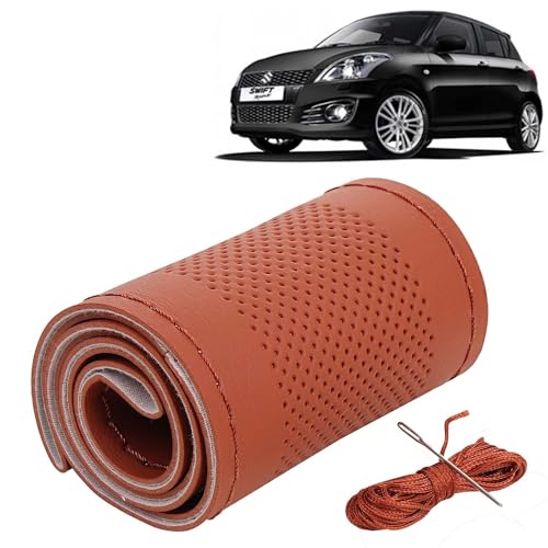 Image of KINGSWAY PU Leatherite Car Steering Cover Sewable Compatible with Maruti Suzuki Swift (Year 2011-2017), Tan Color with Tan Thread, Pack of 1 with Sewing Needle and Thread